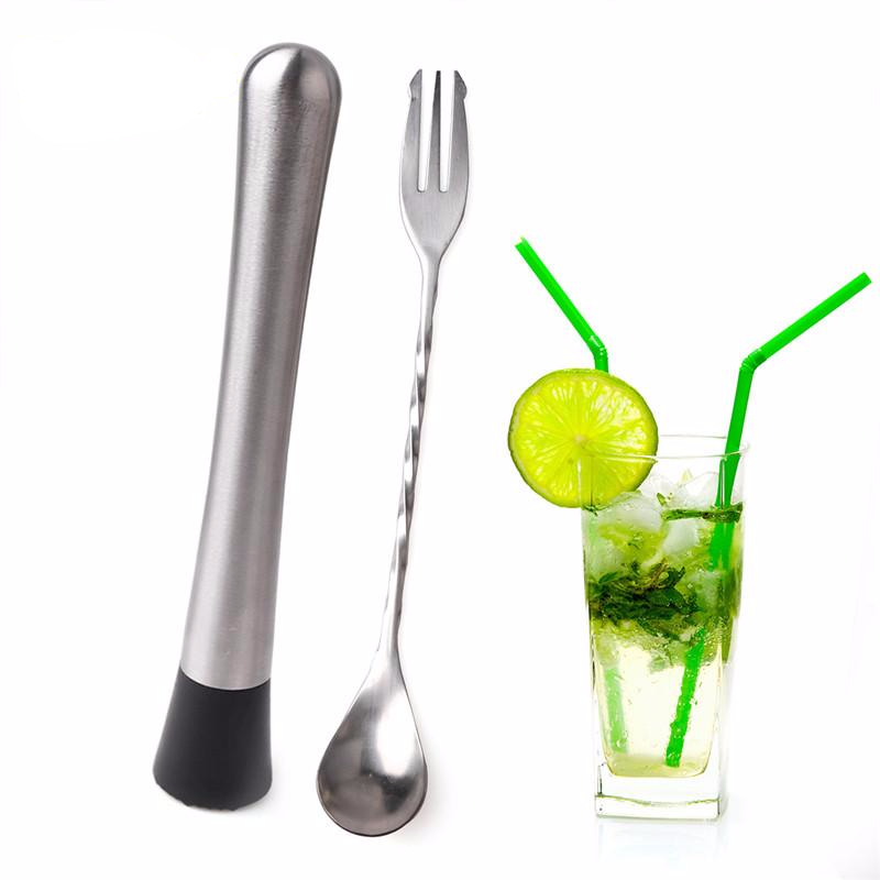 Stainless Steel Cocktail Muddler And Cocktail Spoon & Fork